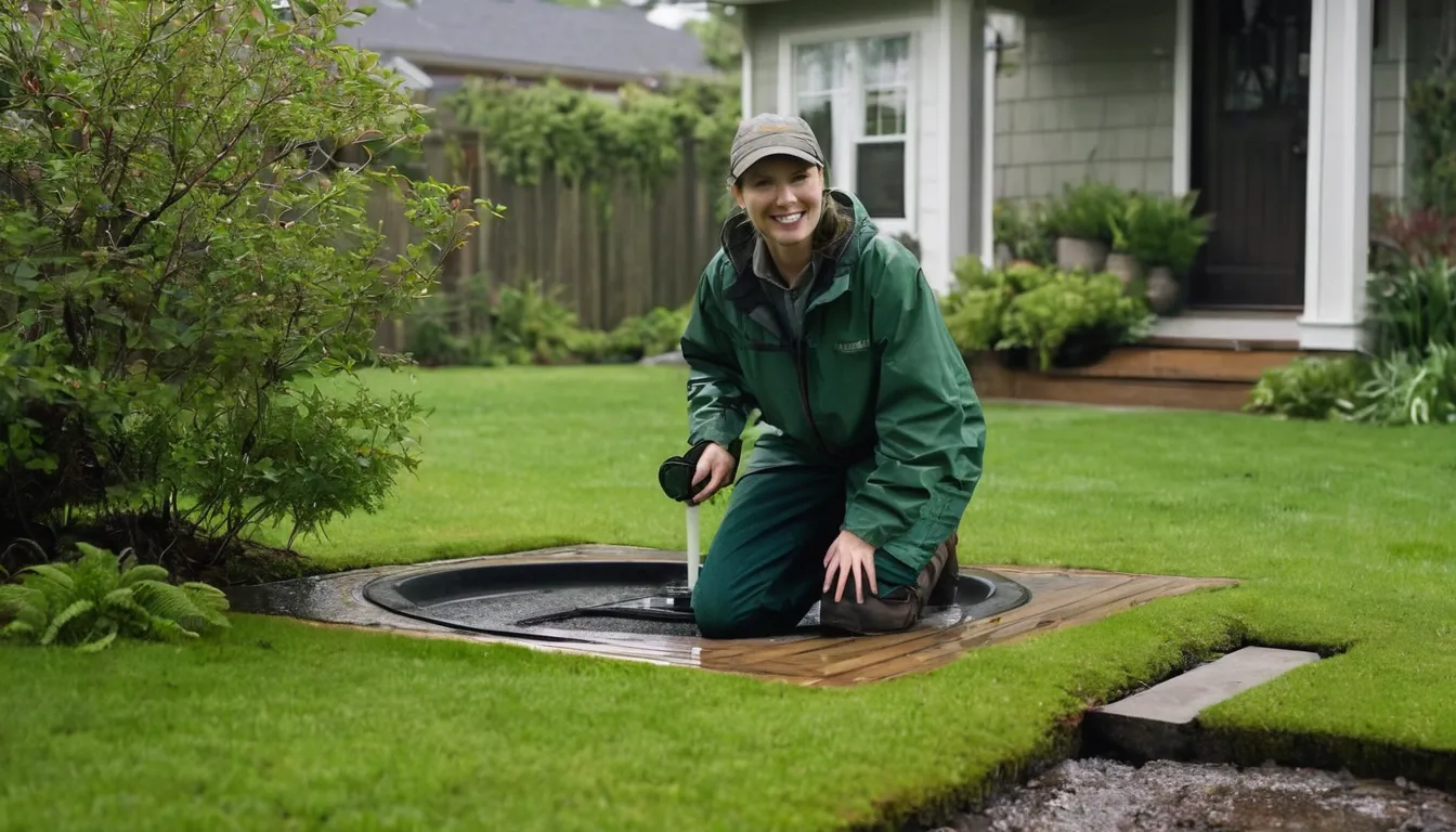 A rain-soaked front yard in Bremerton with a septic tank lid being checked by a service provider